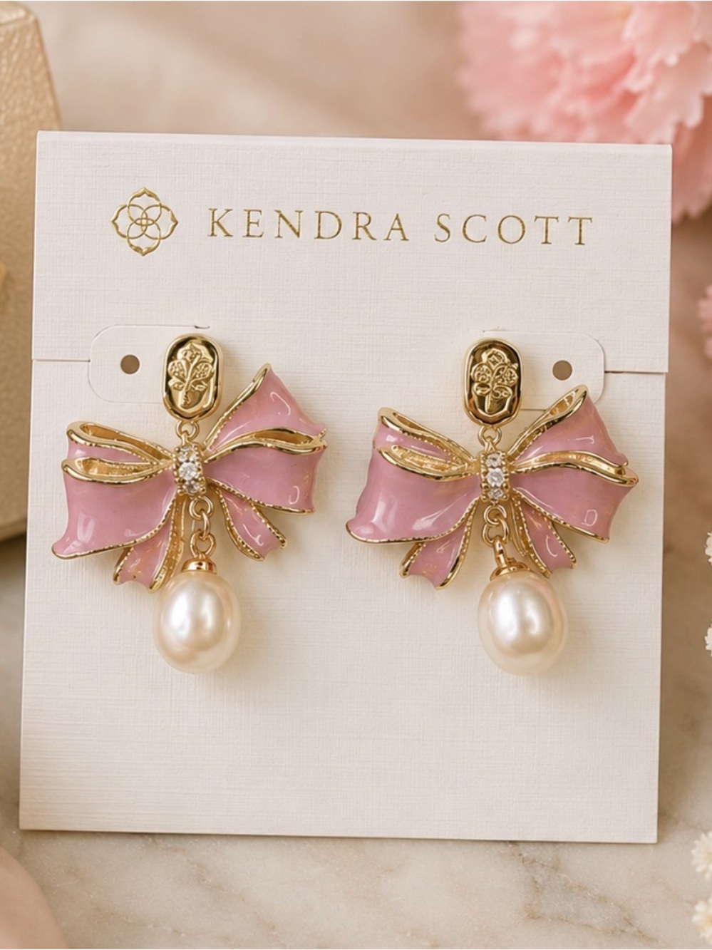 Kendra Scott Pink Enamel Bow Pearl Drop Earrings with Gold Trim